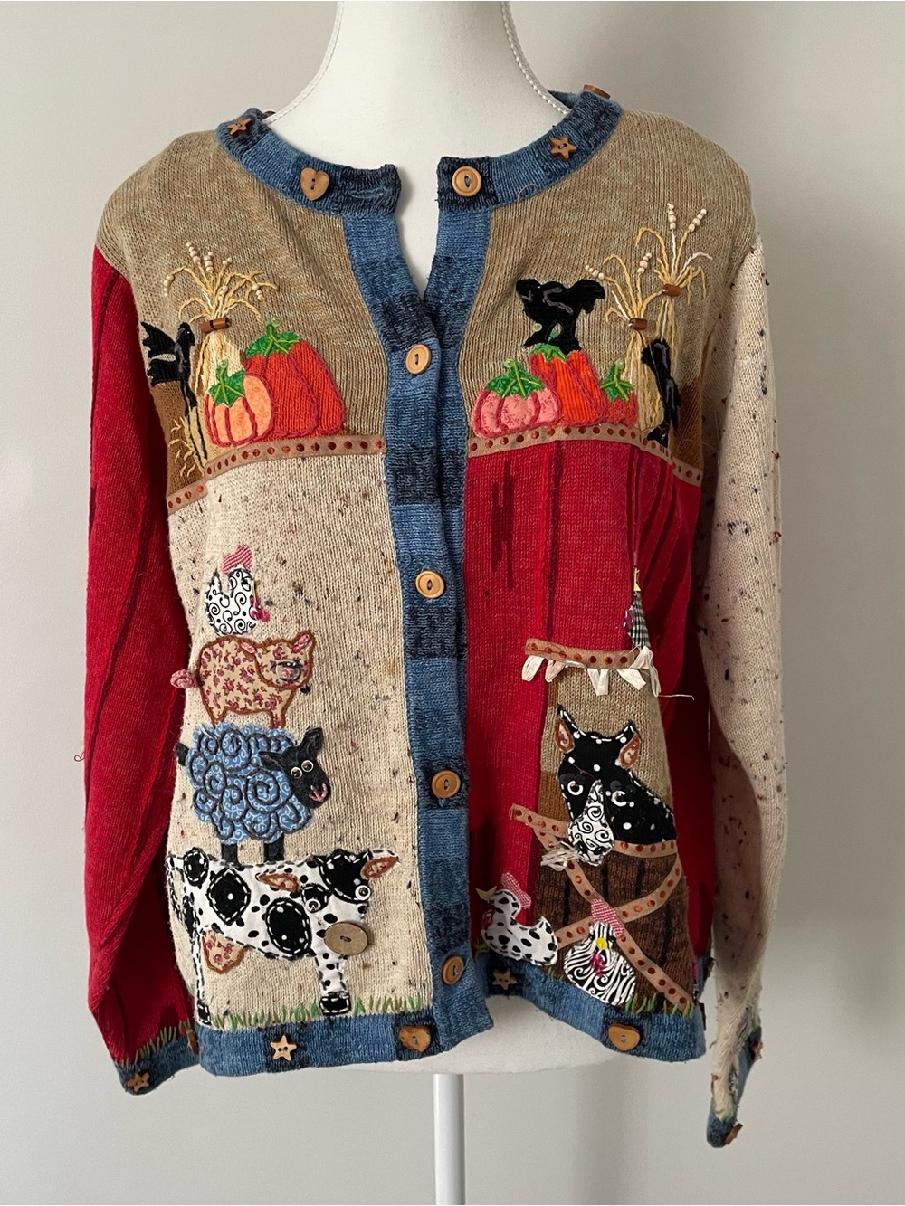 Vintage Design Options Fall Farm Animals Applique Pumpkin Thanksgiving Sweater M